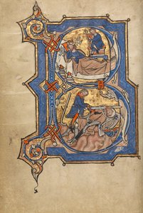Initial B: David spiller harpe for Saul og David og Goliat av Unknown artist