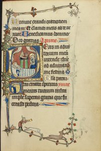Initial D: Jesu fødsel; Initial V: En munk i bønn av Unknown artist