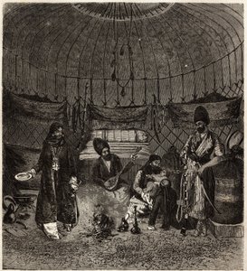 Inne i et tyrkisk telt (Turkmena, Irak), hjem til en familie, med en barhchi (musiker, historieforteller) akkompagnert av dutaren til å synge eller resitere poesi, er disse artistene veldig fanget. Gravering for å illustrere historien om Henri de Blocquevi av Unknown artist