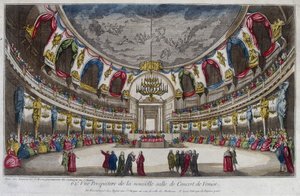 Interiør i en konsertsal i Venezia. 1700-talls gravering. av Unknown artist