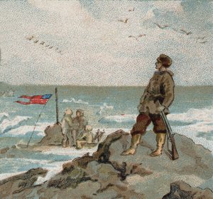 Isaac Israel Hayes (1832-1881) bearing the American flag on the shores of the polar sea. Chromo of the late 19th century. av Unknown artist