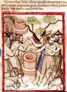 Isaac graver brønner i Guerar-dalen og gjeterne i dalen søker ham krangel Miniatyr hentet fra kodeksen 212 (eller padovano-kodeksen eller Bibelen i Padua) 1390-1400 Rovigo, Accademia dei Concordi av Unknown artist