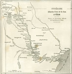 Reiserute langs Hai He-elven nær Tien Tsin (Tien-Tsin, Tianjin) til Pekin (Beijing), Kina. Kart, i "" Le Tour du Monde, New Journal of Travels "", redigert av Edouard Charton, Paris av Unknown artist
