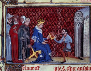 Jacques Bauchant presenterer sin bok til kong Charles V (1338-1380) Miniatyr hentet fra "" Ways of God and Visions of Saint Elisabeth von Schonau (1128-1164) "" av Jacques Bauchant av Saint Quentin (? -1396), Paris, BN av Unknown artist