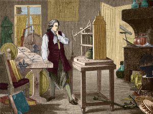 James Watt studying the perfecting of the Newcomen machine (1767) (steam engine) - in “” Album of Science; illustrious scientists; Great discoveries””” 1896. av Unknown artist
