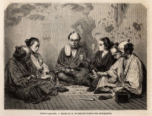 Japanske spillere i midten av kortene. Gravering for å illustrere Japan, reisehistorie av Aime Humbert, minister for det sveitsiske konføderasjonen, i 1863-1864, publisert i "Le tour du monde, nouveau journal des voyages", under ledelse av Edouar av Unknown artist