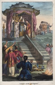 Japanske bryllup - Bryllupsseremoni for japanerne - gravering fra "" skikker og tradisjoner til alle folkeslag i universet. Det vil si historien om regjeringen, lovene, militsen, om religionen til alle nasjoner fra de fjerneste tider til i dag "1 av Unknown artist