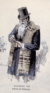 Jødisk religion: en gammel jødisk mann iført bønnelime (Talit eller Tzitzit), gravering fra 1890 av Unknown artist