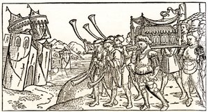 Jøder bærer Paktens Ark foran Jerikos kollapsende murer av Unknown artist