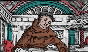 John Duns Scotus (1265? -1308), kaller også Jean Duns Scott eller Jean Duns Scot, fransiskanerfilosof. Gravering fra 1500-tallet av Unknown artist