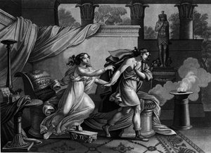 Josef flykter fra kona til Putiphar (Potifar) og søker å forføre litografi fra 1800-tallet av Unknown artist
