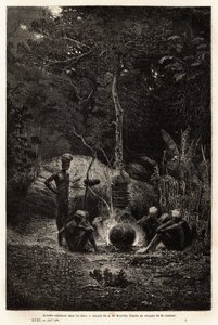 Kanaks matlaging i skogen, på territoriet til Pamale. Gravering for å illustrere turen til Ny-Caledonia, av Jules Garnier, sivilingeniør i gruver, i 1863-1866, publisert i "Le tour du monde, nouveau journal des voyages", redigert av Edouard C av Unknown artist
