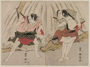 Kataoka Nizaemon VII og Ichikawa Yaozo III i en konfrontasjon ved siden av en foss av Unknown artist