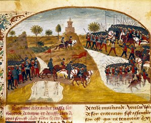 Kong Alexander den store (356-323 f.Kr.) og hans hær passerer tigeren og miniatyreufraten fra "" Faktabok om Alexander den store"" av Quintus Curtius Rufus (Quinte Curce) (1. århundre), ca. 1468. (Ms. 1335) Reims. Kommunebibliotek av Unknown artist