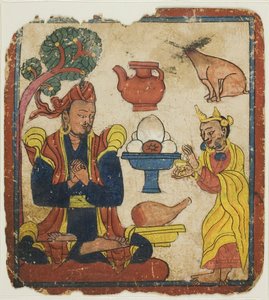 Kong Mangkur næret av dronning Devika, fra et sett med innvielseskort (Tsakali) av Unknown artist
