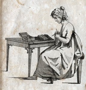 Knitting machine: woman busy knitting wool (knitting) Engraving late 18th century. Private collection. av Unknown artist