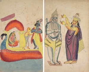 Krishna ferger Radha over Yamuna-elven (recto); Parivati plasserer en bryllupskrans på Shiva (verso) av Unknown artist