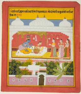 Krishna og Radha i et paviljong, fra en kopi av de syv hundre versene (Sat Sai) av Bihari av Unknown artist
