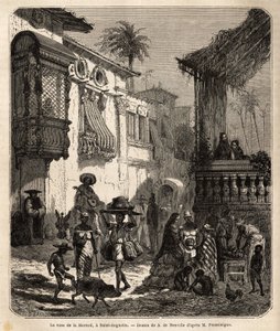 La casa de la Merced (nå Mercy Street) i Saint Augustine, den eldste byen i USA (USA), grunnlagt av spanjolene i 1565; hovedgate i byen, liten og folkerik, med forskjellige dyr og en enestående blanding av forskjellige amerikanske t av Unknown artist