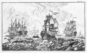 La chasse à la caleine - gravering i "" Klassisk beretning om den artiske hvalfangstindustrien"" av Cornelis Zorgdrager av Unknown artist