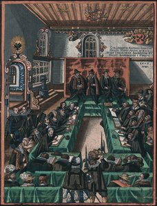 La conference religieuse de Ratisbonne en 1601 - The Regensburg Religious Colloquy of 1601, Anonymous . Kobberstikk, akvarell, ca. 1605. Historisches Museum der Stadt Regensburg av Unknown artist