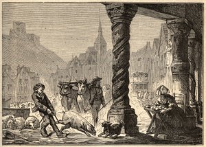 La grande Rue un jour de marche à Dol de Bretagne - engraving in “” PATRIE”” - DESCRIPTION PECTURESSE DE LA FRANCE EN 6 VOLUES BY LUCIEN HUARD - end 19th century av Unknown artist