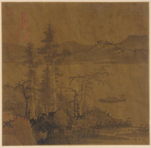 Landskap: elv og båt, høye trær og fjerne åser av Unknown artist