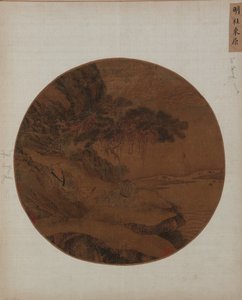 Landskap: to menn på en elvebredd under et furutre av Unknown artist
