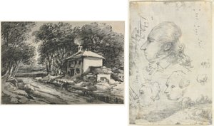 Landskap med hytte (recto); Studier av hoder (verso) av Unknown artist