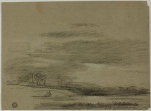 Landskap med sol som bryter gjennom skyer av Unknown artist