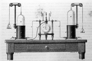 Lavoisier og Laplace apparater for dannelse av vann ved hjelp av oksygen og hydrogengasser som brenner i en glasskolbe. Gravering av 1800-tallet. av Unknown artist