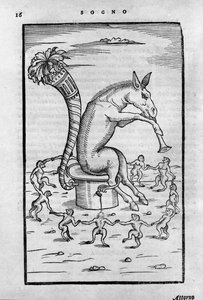 Esel Timon får alkymistene til å danse - ""De Transmutatione Metallica Sogni Tre"", av Giovanni Battista Nazari, redigert i Brescia i 1599. av Unknown artist