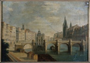 Grand Arm av Pont-Neuf og Samaritaine-pumpen, cirka 1800, dagens 1. arrondissement, mellom 1795 og 1805 (olje på lerret) av Unknown artist