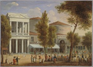 Théâtre des Variétés og Passage des Panoramas, Boulevard Montmartre, ca. 1825, ca. 1825 (olje på kort) av Unknown artist