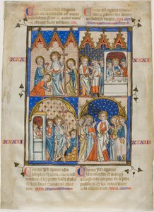 Blad fra en bildesyklus: Kristus viser seg for de tre Mariaene, Kristus og pilegrimene på veien til Emmaus, den tvilende Tomas og Kristus viser seg for apostlene av Unknown artist