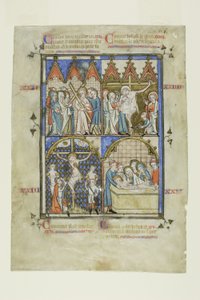 Blad fra en bildesyklus: Kristus bærer korset, korsfestelsen, nedstigningen fra korset og gravleggingen av Unknown artist