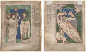 Blad fra en Psalter(?): Bebudelse (recto); Fødsel (omvendt) av Unknown artist