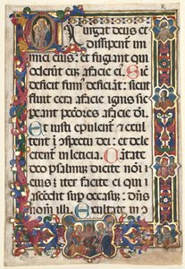 Blad fra en psalter med full kant med medaljonger (Bebudelse, SS. Jerome, Clare, Sebastian og Bernardino) og historisk initial (E): Jomfru og barn av Unknown artist