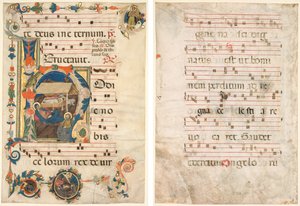 Leaf from an Antiphonary med Historiated Initial (H) med The Nativity (recto) og Music (verso) av Unknown artist