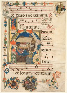 Leaf from an Antiphonary med Historiated Initial (H) med The Nativity (recto) av Unknown artist