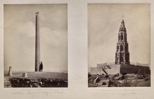 Venstre: [Ashoka-søylen flyttet til sin nåværende posisjon av Feroz Shah]. Høyre: Minnemonument over de britiske soldatene i 1859 av Unknown artist