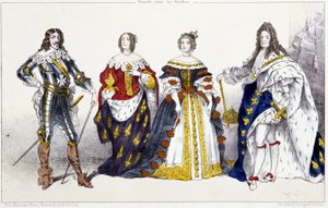 Les Bourbons: Ludvig XIII (1601-1643) og Anne av Østerrike (1601-1666), Marie Therese av Østerrike (eller Spania) (1638-1683) og Ludvig XIV (1638-1715) - Plate hentet fra konger og dronninger av Frankrike i trykk, Paris, red. Fort av Unknown artist