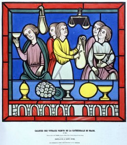 Les chanteurs du Mans - Fac-liknelse fra et glassmaleri i Cathedrale du Mans fra 1200-tallet. 1800-tallslag. av Unknown artist