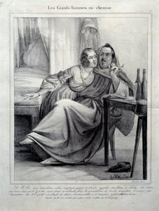 Les grands hommes en chemise Representasjon av forfatteren Honore de Balzac (1799-1850) som omslutter en ung kvinne mens hun røyker en sigarett. Illustrasjon av E. Allet (1800-tallet) Paris, Maison Balzac av Unknown artist
