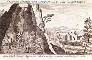 Sølvgruvene i Potosi, Bolivia. 1800-talls gravering. av Unknown artist