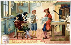 Liebig-kromolitografi om livet til Rembrandt (1606 - 1669), nederlandsk maler. Dette er trykket på 100 gylden i 1654. av Unknown artist