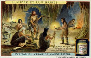 Lys og lysarmaturer: leirlampen til hulebeboere i forhistorisk tid. Illustrasjon på Liebig emballeger. av Unknown artist