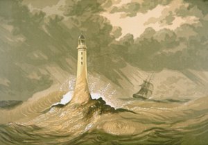 Fyr med seilskip av Unknown artist