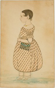 Liten jente med rutete veske i profil til venstre av Unknown artist