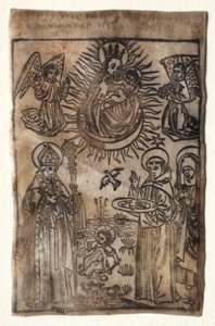 Madonna og barn med tre medlemmer av St. Augustine-ordenen: De hellige Augustine, Nicholas og Clara av Unknown artist